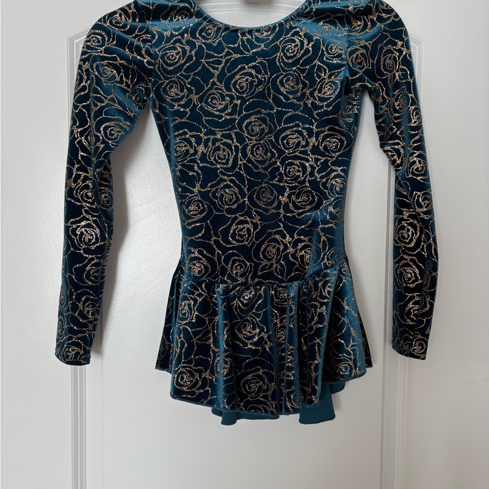 Figure Skating Dress Girls -Velvet Long Sleeve Dress with Gold Floral Mondor